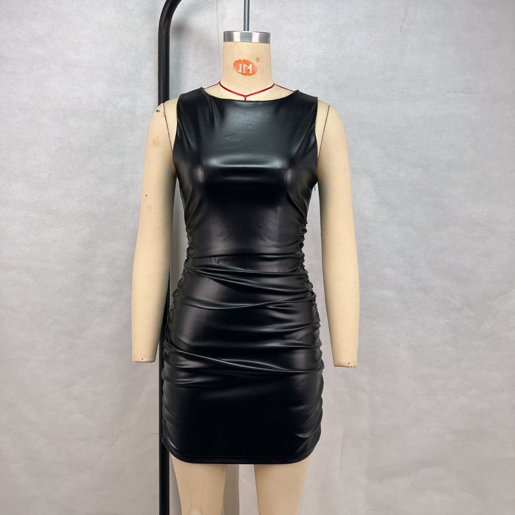 Slim Fit Sheath Dress Women Clothing Solid Color Sleeveless Pleated Waist Tight Slimming Leather Nightclub Bella Mia