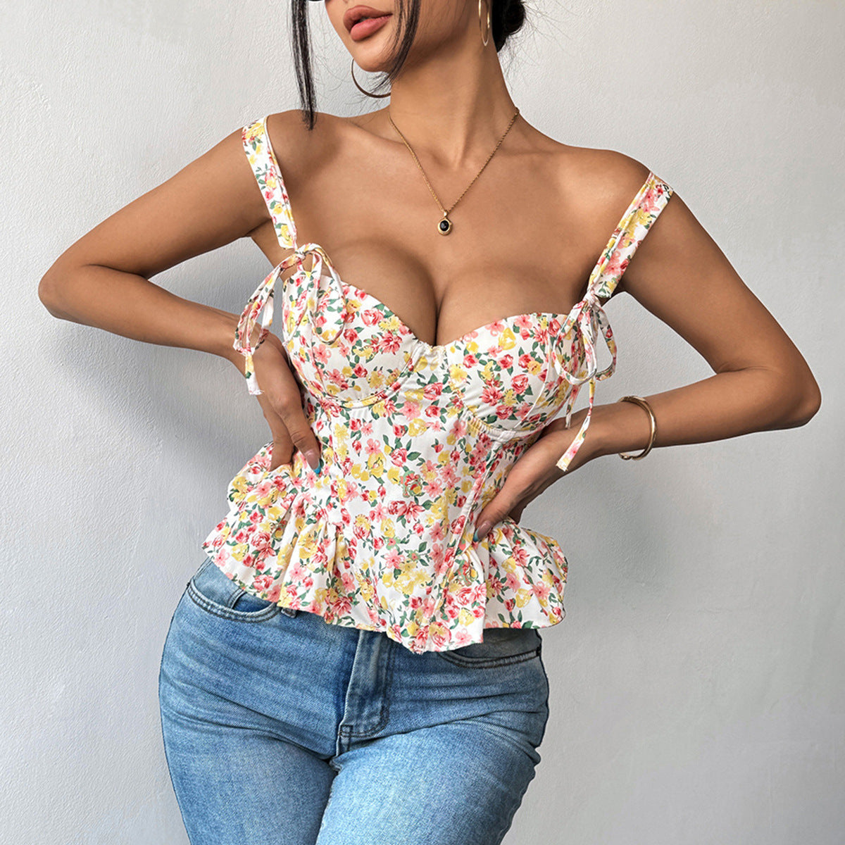 Floral Spring Summer Lace up Adjustable Boning Corset Corset Waist Trimming Ruffles Chest Cotton Camisole Bella Mia