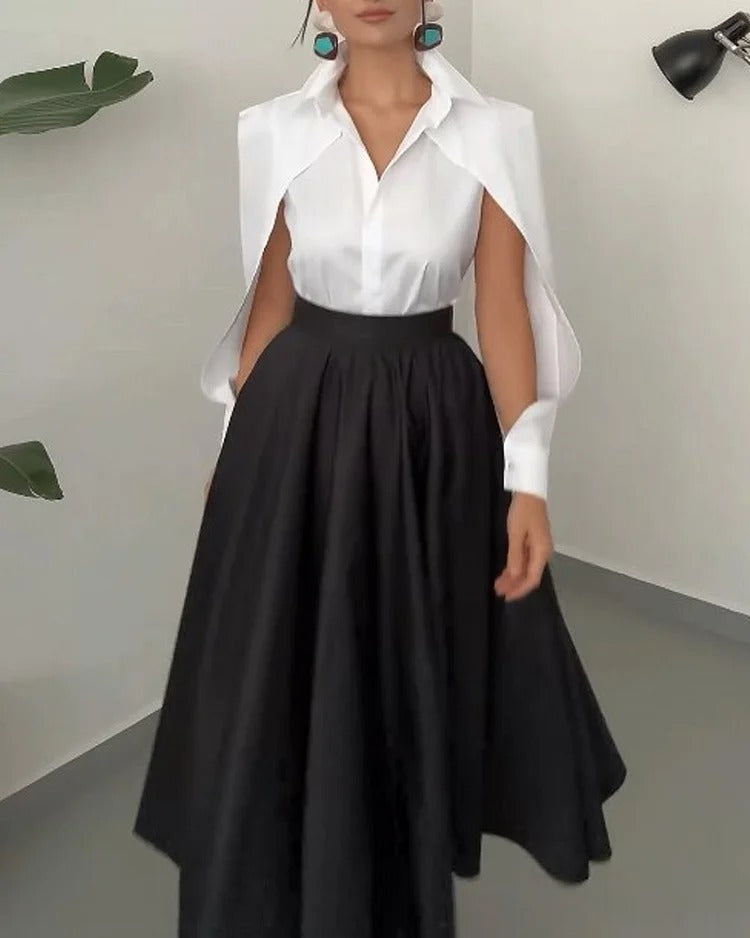 Ladies Collared Long Sleeve Hollow Out Cutout Solid Color Dress Two Piece Sets Bella Mia