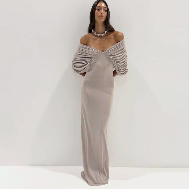 Spring Women Clothing Sexy off Neck Sleeve Slim Solid Color Maxi Dress Women