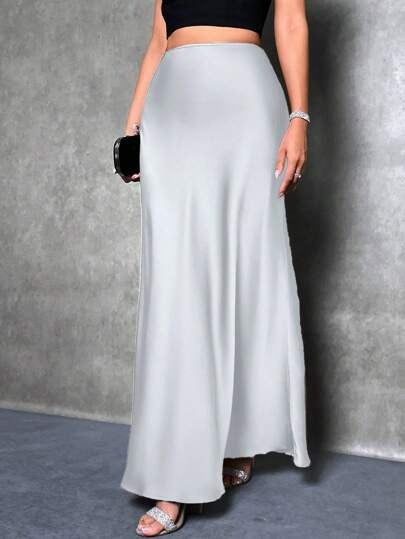 Satin Skirt Autumn Winter Simple A line Long Skirt Women Clothing Bella Mia
