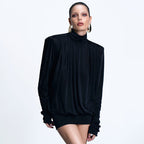 Women Clothing Autumn Winter Turtleneck Padded Shoulder Loose Pleated Sexy Backless Dress Bella Mia