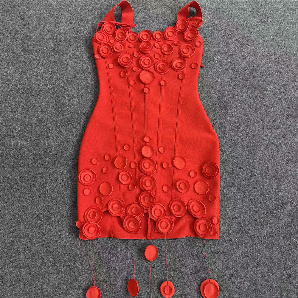 Summer Floral Wafer Tassel Sleeveless Bandage One Piece Dress Hip Dress Elegant Dress
