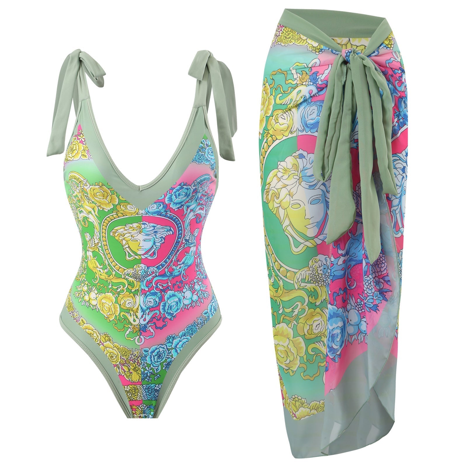 Sexy Siamese Conservative Cover Belly Thin Swimsuit Spring Bathing Suit Women Chiffon Beach Dress Bella Mia