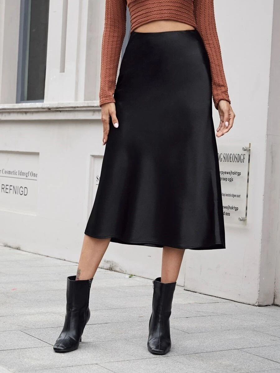 High Waist Satin Skirt Autumn Winter Women Midi Skirt Zipper Satin Skirt Bella Mia