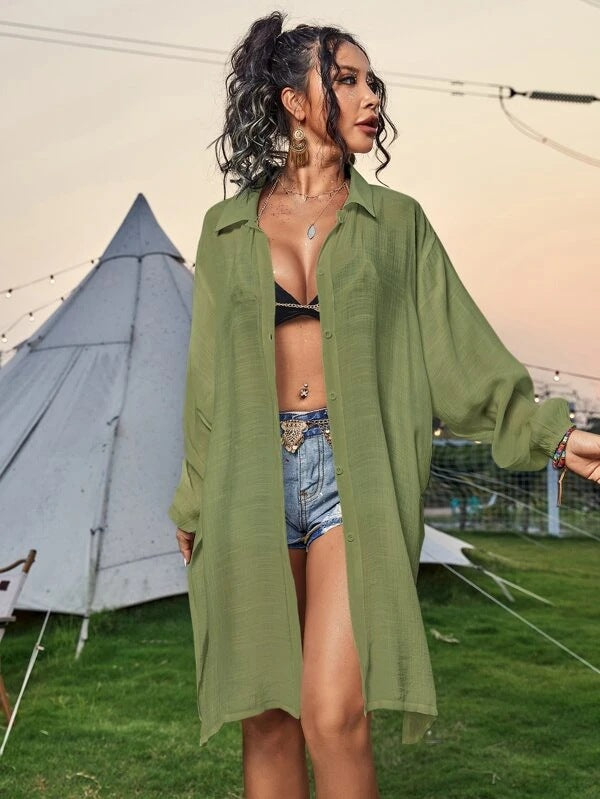 Cotton Long Sleeved Shirt Beach Cover up Vacation Sun Protection Shirt Bikini Swimsuit Outwear Cardigan Bella Mia