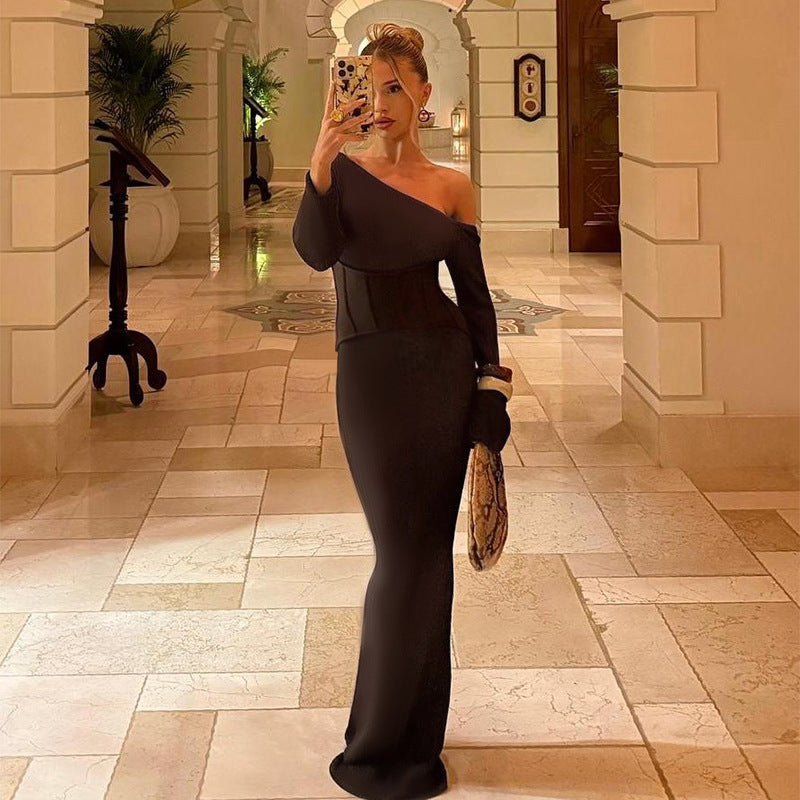 Sexy Hip Wrapped Dress Oblique Shoulder Party Long Sleeve Waist Fishtail Dress Bella Mia