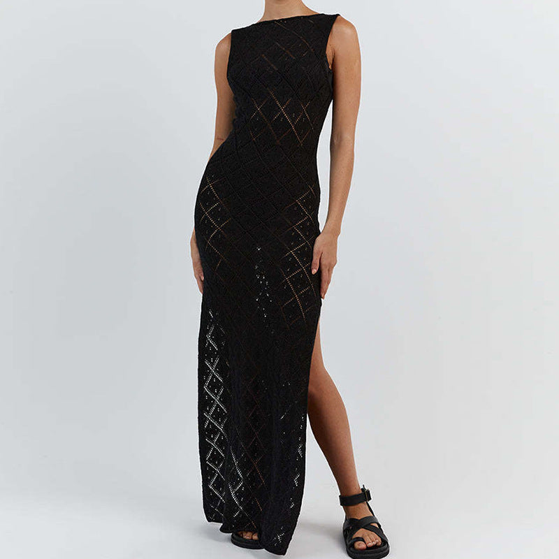 Vacation Slim Fit See through Sexy round Neck Strap Side Slit Beach Vacation Sun Shield Hanfu Long Robe Crochet hook Bella Mia