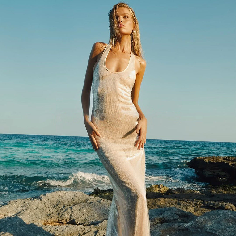 Spring Sexy Women Wear Spaghetti Straps Sleeveless U Collar Slim Fit Sequined Dress Bella Mia