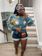 Autumn Winter Retro Three Dimensional Floral Loose Single Breasted Cardigan Short Coat Trend Women Clip 3D Rose Bella Mia