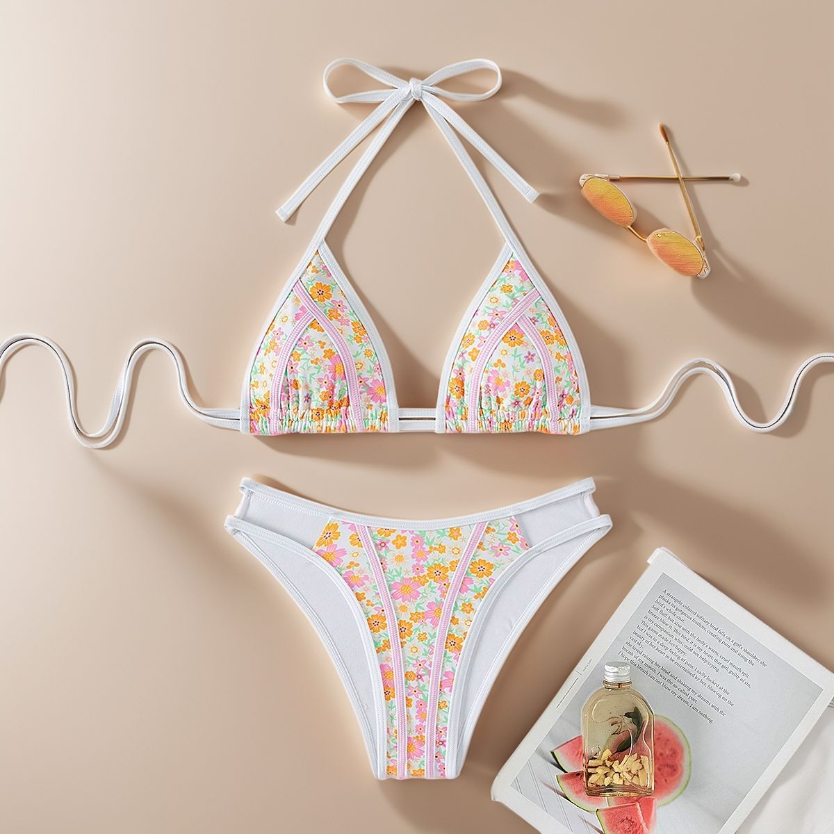 Bikini Triangle Lace up Small Floral Print Sexy Split Bikini Swim Two Piece Sets Women Bella Mia