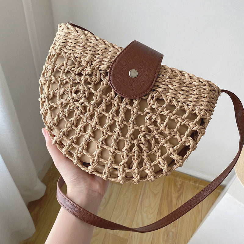 Fresh Hollow Out Cutout Semicircle Straw Bag Shoulder Crossbody Casual Straw Bag Woven Bag Vacation Beach Bag Bella Mia