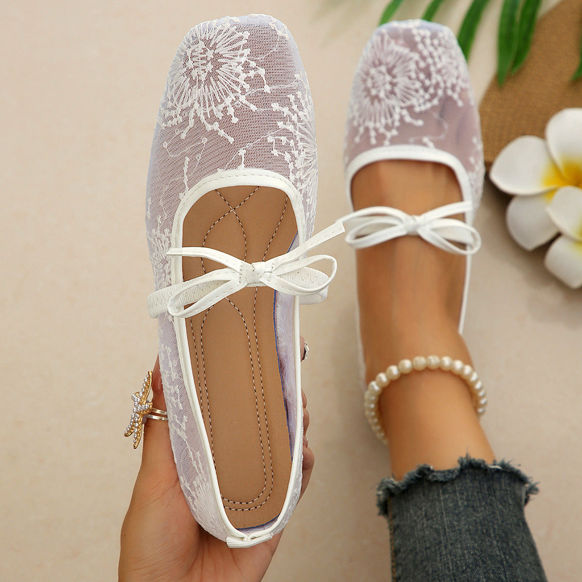 Lace Square Toe Low Cut Shoes Women Women Bow Mary Jane Breathable Work Shoes