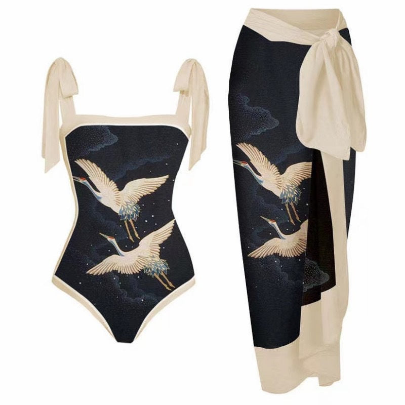 Double Sided Swimsuit Printed Conservative Cover Belly Sheath Dress Two Piece Swimsuit Bella Mia