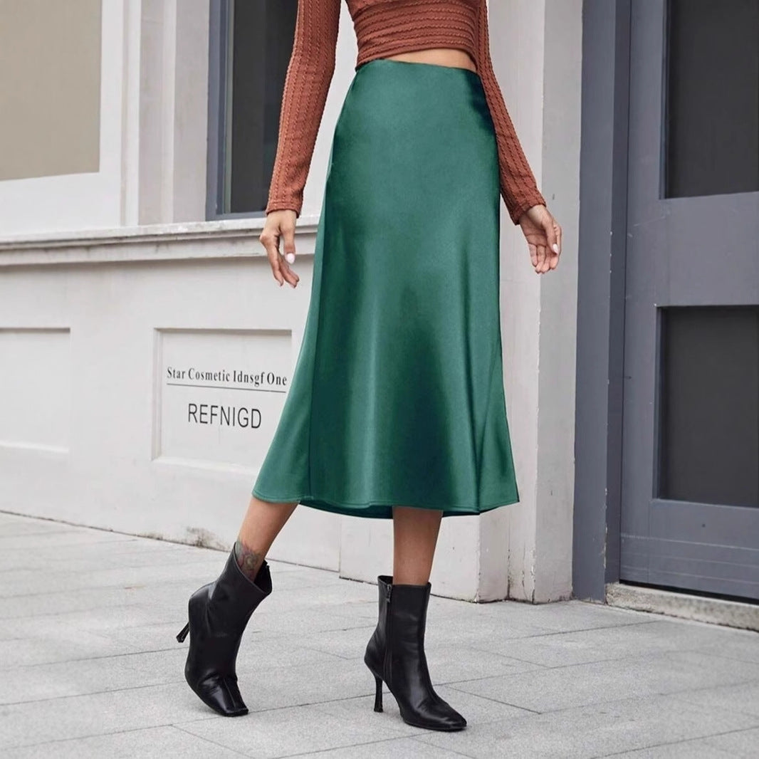 High Waist Satin Skirt Autumn Winter Women Midi Skirt Zipper Satin Skirt Bella Mia