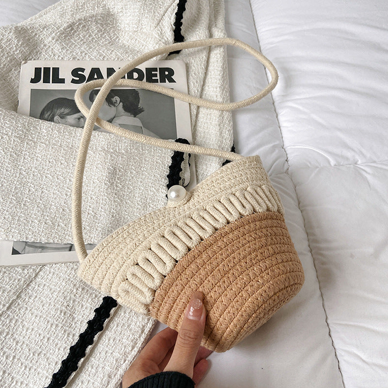 Crossbody Straw Bag Cotton Thread Woven Bag Mobile Phone Change Key Case Hollow Out Cutout Cotton Thread Woven Bag Casual Cute Women Bella Mia