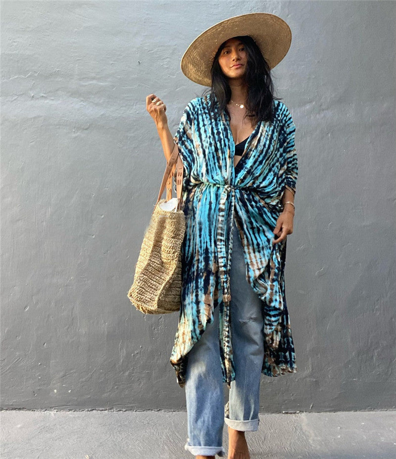 Rayon Printed Beach Cover-up Sexy Cardigan Belt Sun Protection Shirt Beach Cover Up Bella Mia