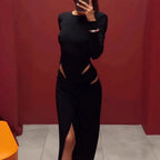 Women Clothing Spring Graceful Fashionable Long Sleeve Hollow Out Cutout Solid Color Dress Bella Mia