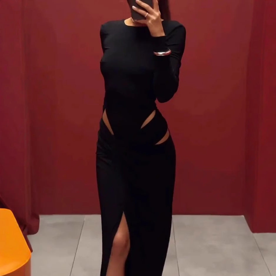 Women Clothing Spring Graceful Fashionable Long Sleeve Hollow Out Cutout Solid Color Dress Bella Mia