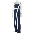 Casual Office Women Black White Color Contrast Patchwork Jumpsuit Slim Fit Diagonal Collar Backless Long Jumpsuit Bella Mia