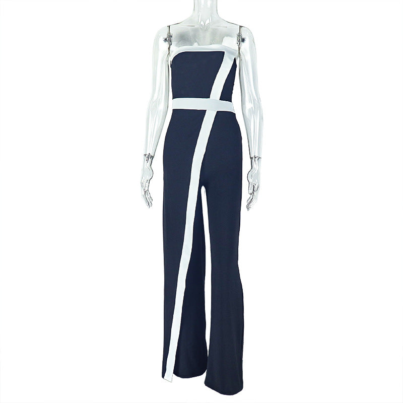 Casual Office Women Black White Color Contrast Patchwork Jumpsuit Slim Fit Diagonal Collar Backless Long Jumpsuit Bella Mia
