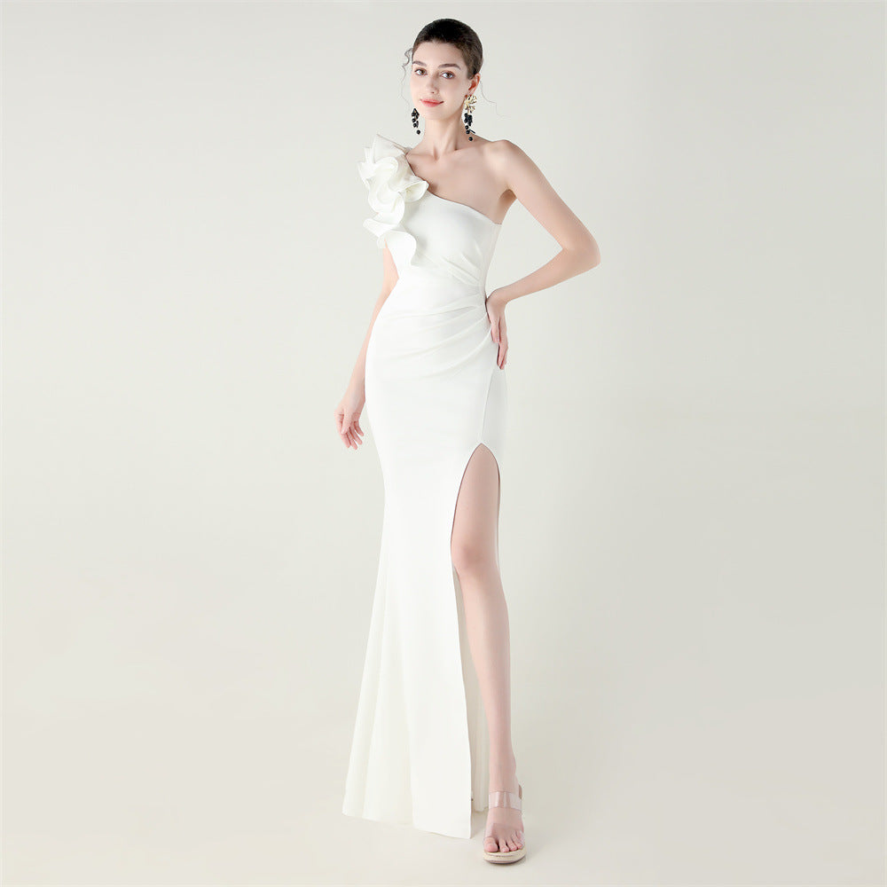 One Shoulder Craft Wave Floral Satin High Slit Sexy Evening Dress Dinner Party Wedding Social Bella Mia