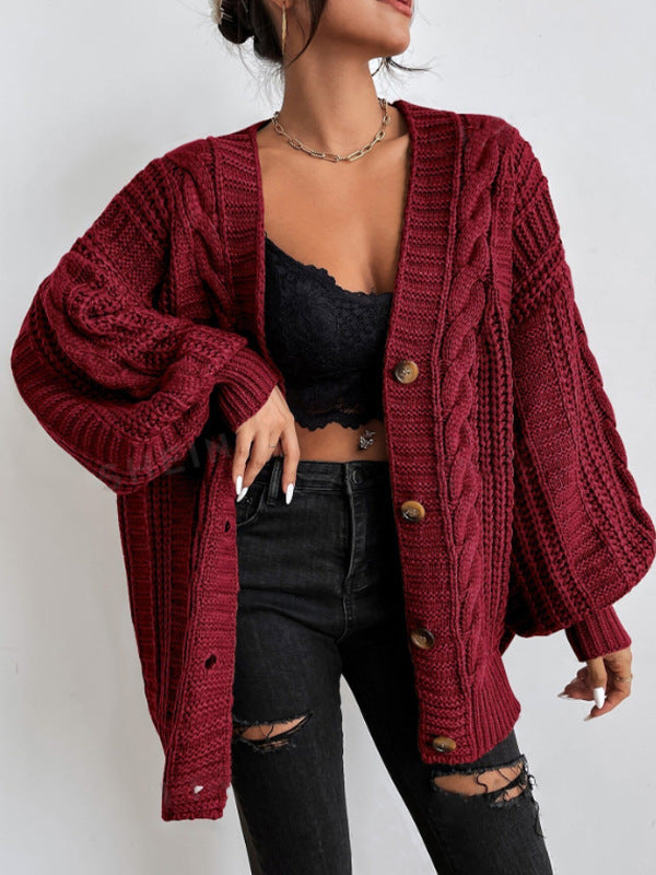 V neck Sweater Women Retro Loose Twist Lantern Sleeve Cardigan Knitted Coat Bella Mia