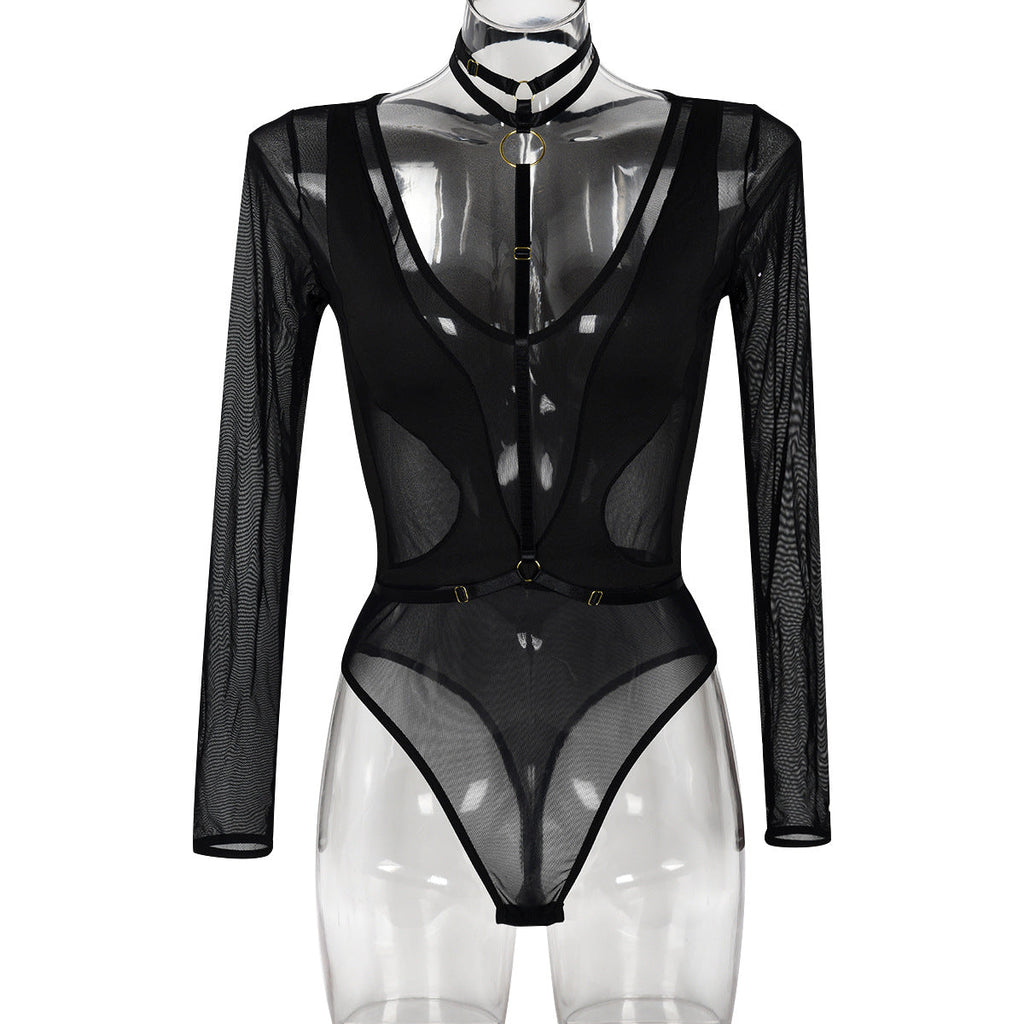 Women Clothing Spring Autumn Mesh Long Sleeve Hollow Out Cutout out See through Stitching V-neck Halter Jumpsuit Women Bella Mia
