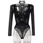 Women Clothing Spring Autumn Mesh Long Sleeve Hollow Out Cutout out See through Stitching V-neck Halter Jumpsuit Women Bella Mia