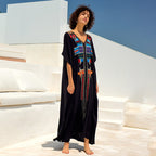 Rayon Embroidered Loose Maxi Dress Beach Jacket Vacation Maxi Dress Beach Cover Up Bella Mia