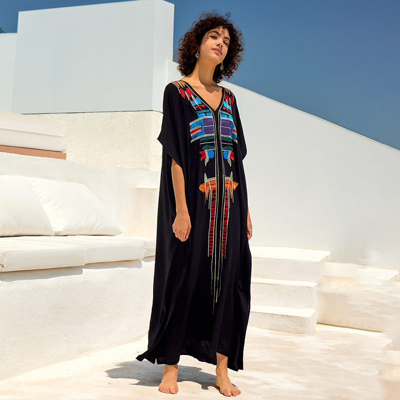 Rayon Embroidered Loose Maxi Dress Beach Jacket Vacation Maxi Dress Beach Cover Up Bella Mia