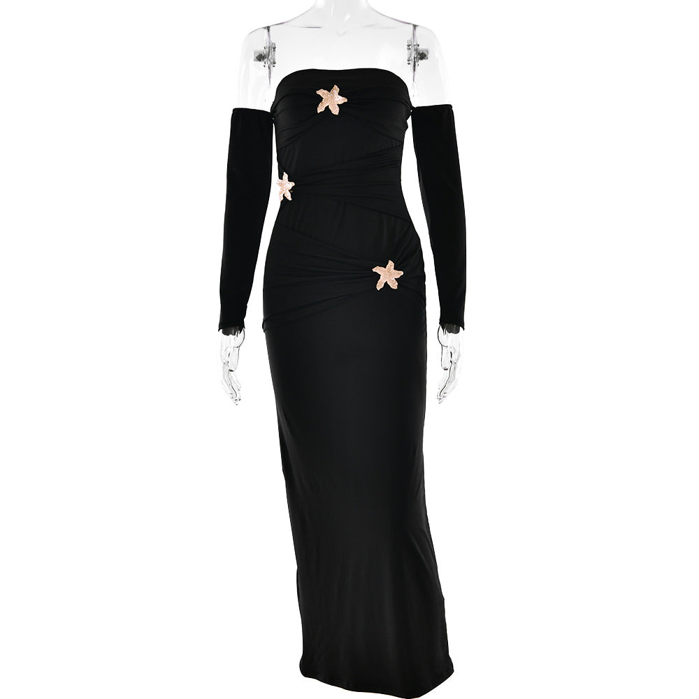 Pleated Long Sleeved Women Dress Fashionable Sexy Sheath Slim Fit Dress Bella Mia