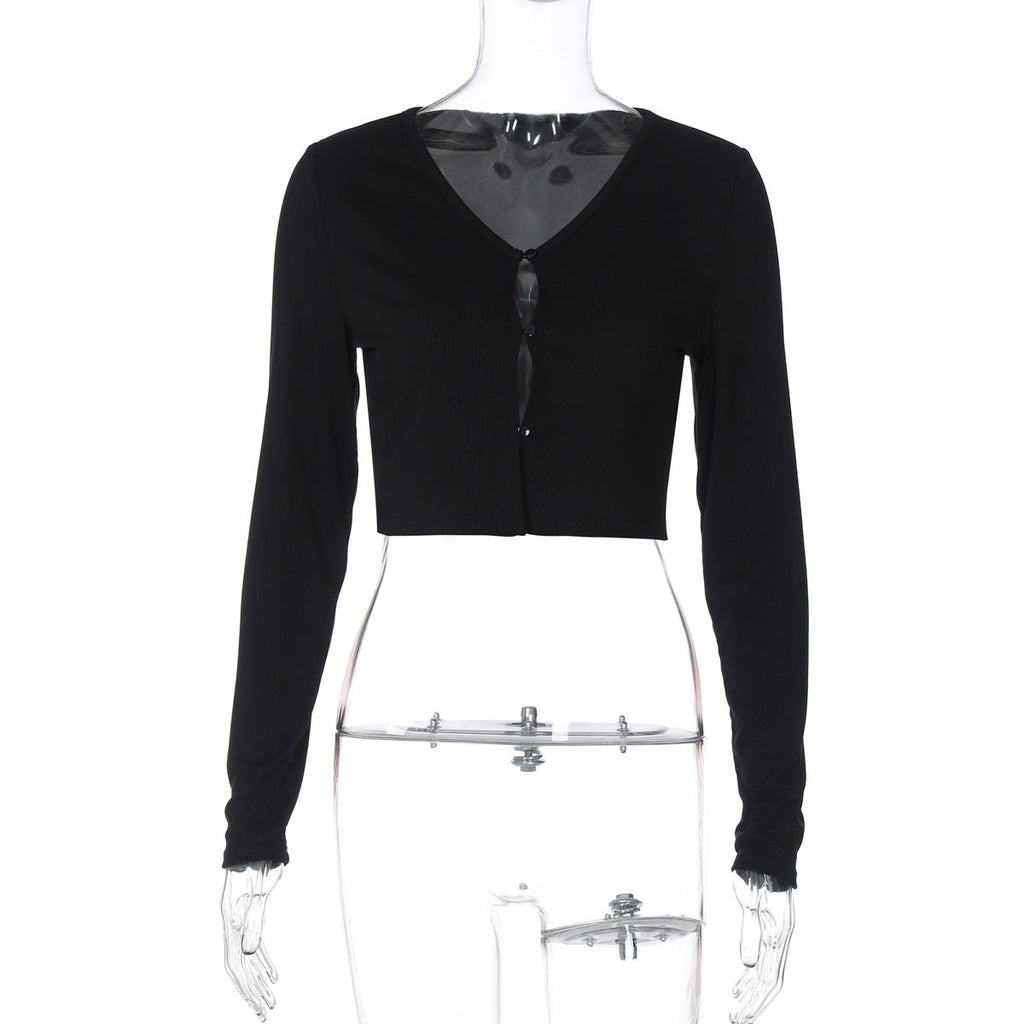 Women Clothing Summer Sexy Cardigan Button Cropped Long Sleeve T shirt Top Bella Mia