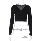 Women Clothing Summer Sexy Cardigan Button Cropped Long Sleeve T shirt Top Bella Mia