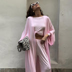 Summer Pajamas Three Piece Knitted Solid Color Top Trousers Loose Comfortable Home Wear Bella Mia