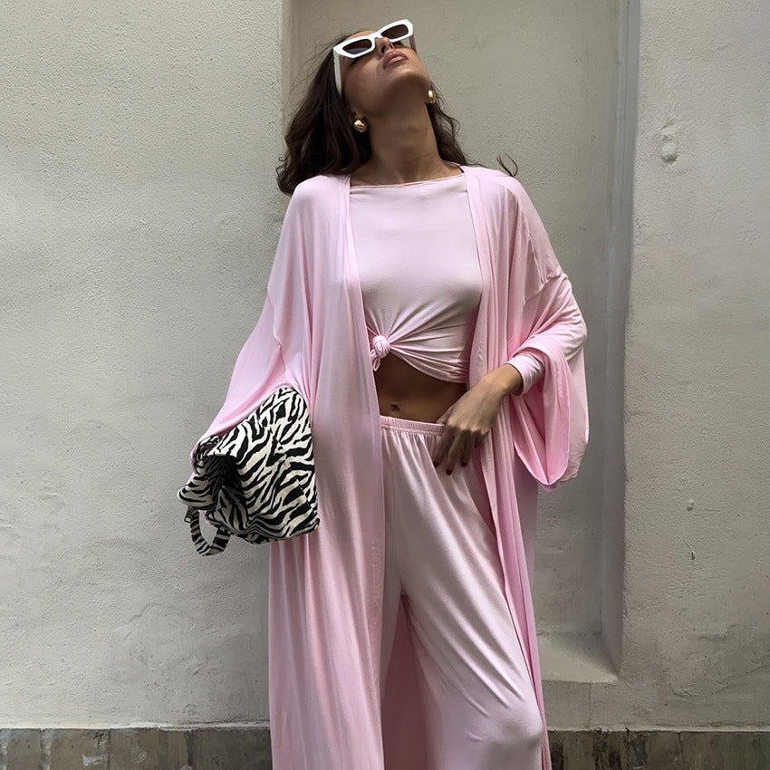Summer Pajamas Three Piece Knitted Solid Color Top Trousers Loose Comfortable Home Wear Bella Mia