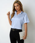 Solid Color Satin Women Clothing with Shoulder Stand Collar Short Sleeve Shirt Satin Shirt Bella Mia