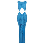Elegant Stitching Sexy Dress Blue Hollow Out Cutout High Waist Slim Fit Dress Women Bella Mia