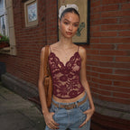 Women Clothing Sexy See through Lace Lace Spaghetti Strap Bandeau Slim Fit Deep V Plunge Vest Bella Mia