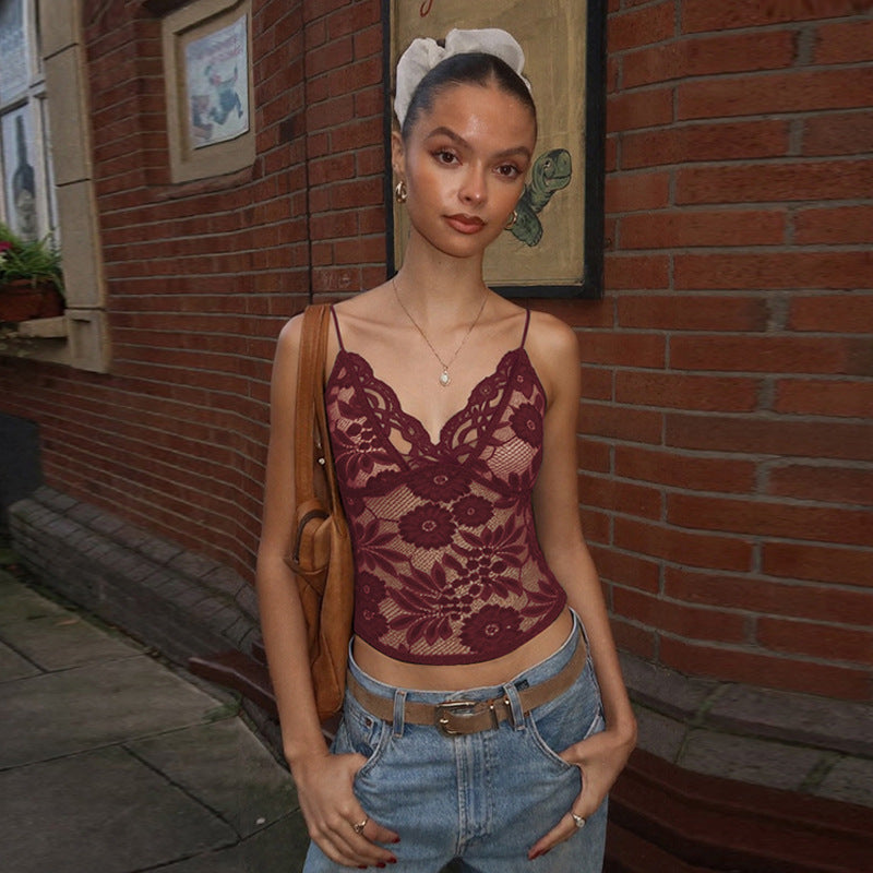 Women Clothing Sexy See through Lace Lace Spaghetti Strap Bandeau Slim Fit Deep V Plunge Vest Bella Mia