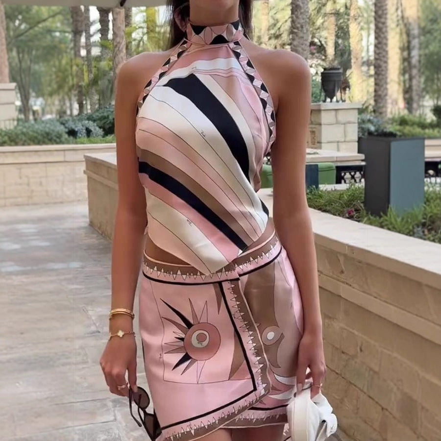 Beach Print Satin Halter Backless Top Irregular Asymmetric Skirt Two Piece Set Bella Mia
