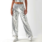 Metallic Coated Fabric Casual Pants Women High Street Design Aurora Laser Gradient High Waist Straight Pants All Matching Elastic Mop Pants Bella Mia
