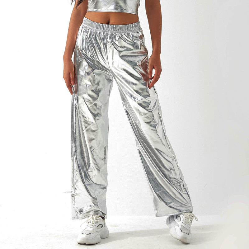 Metallic Coated Fabric Casual Pants Women High Street Design Aurora Laser Gradient High Waist Straight Pants All Matching Elastic Mop Pants Bella Mia