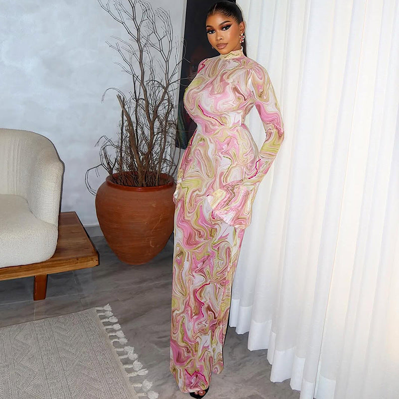 Slim Fit Slimming Women Printed Hip Home Comfortable Stand Collar Long Sleeve Length Dress Bella Mia