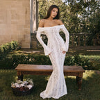 Autumn Winter Women Clothing off Neck Sexy Long Sleeve off Shoulder Lace Hollow Out Cutout out Slim Fit Fishtail Bella Mia