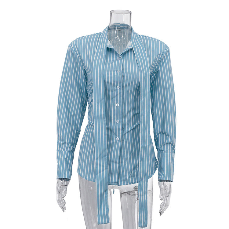 Women Clothing Striped Collared Shirt Women Waist Controlled Long Sleeves Lace up Cardigan Shirt Top Bella Mia