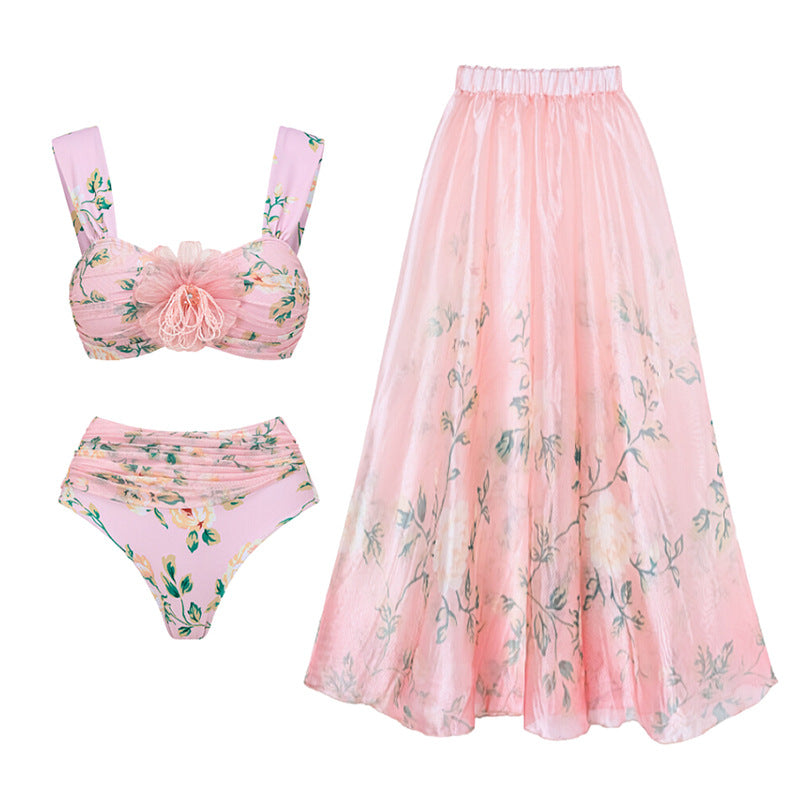 Floral Decorative Mesh Split Swimsuit Women High Waist Bikini Umbrella Skirt Bella Mia