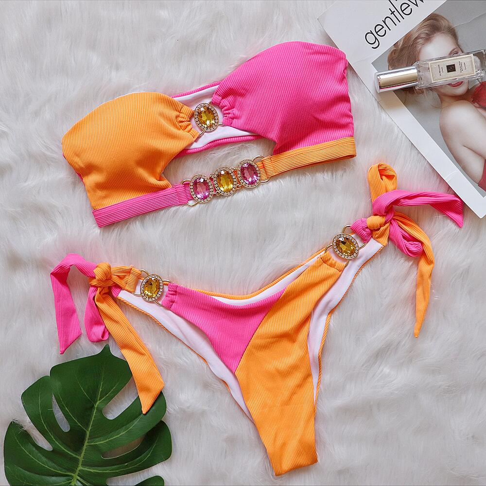 Sexy Crystal Diamond Bikini Removable Chest Pad Swimsuit Stitching Tube Top Strap Split Swimsuit Bella Mia