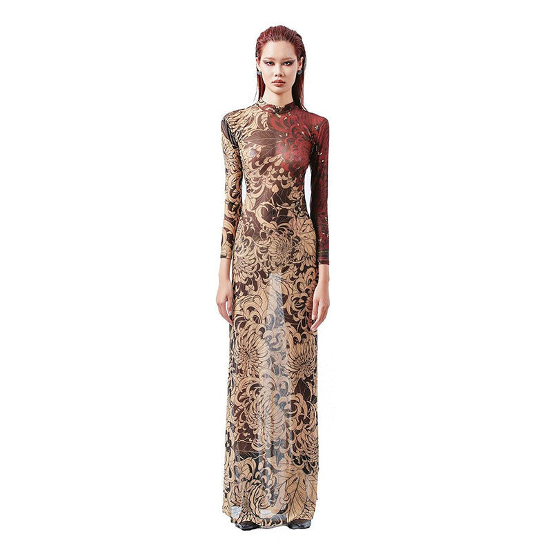 Women Clothing Spring Retro Mesh Personalized Printed Turtleneck Slim Slimming Dress for Women Bella Mia