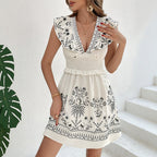 Summer Smocking Short Dress Casual Lotus Leaf Stitching Vacation Printing Dress Bella Mia